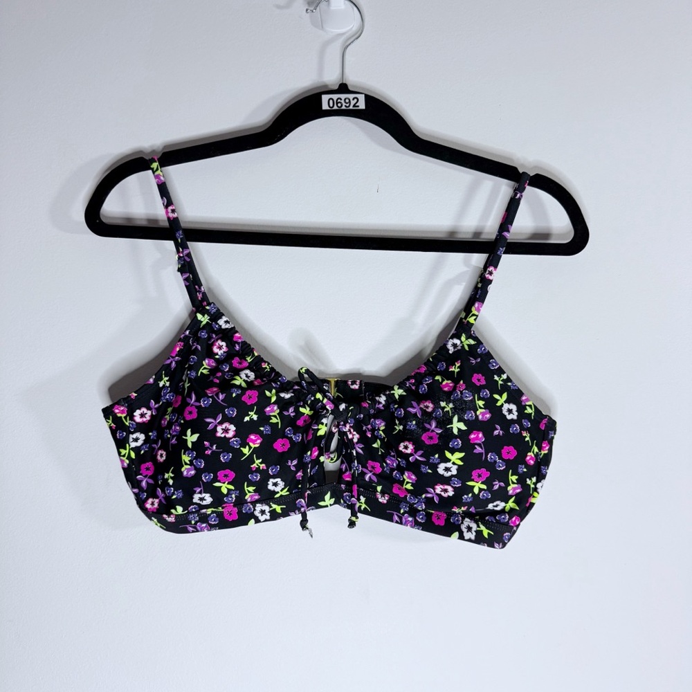 Cyn & Luca Floral Bikini Top XL Black Tie Front Swim